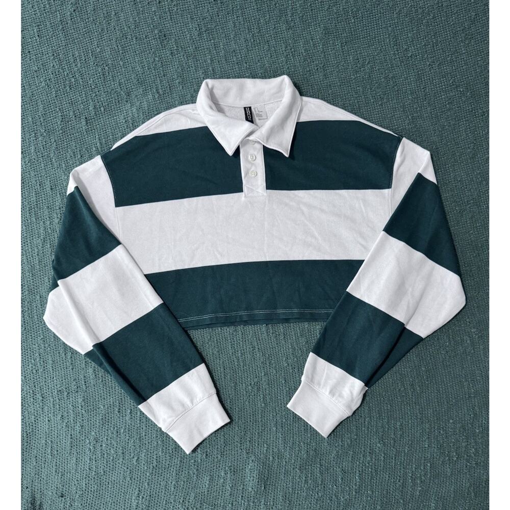 H&M Women’s Crop Top Green/White Long Sleeve Rugby Shirt - Size S